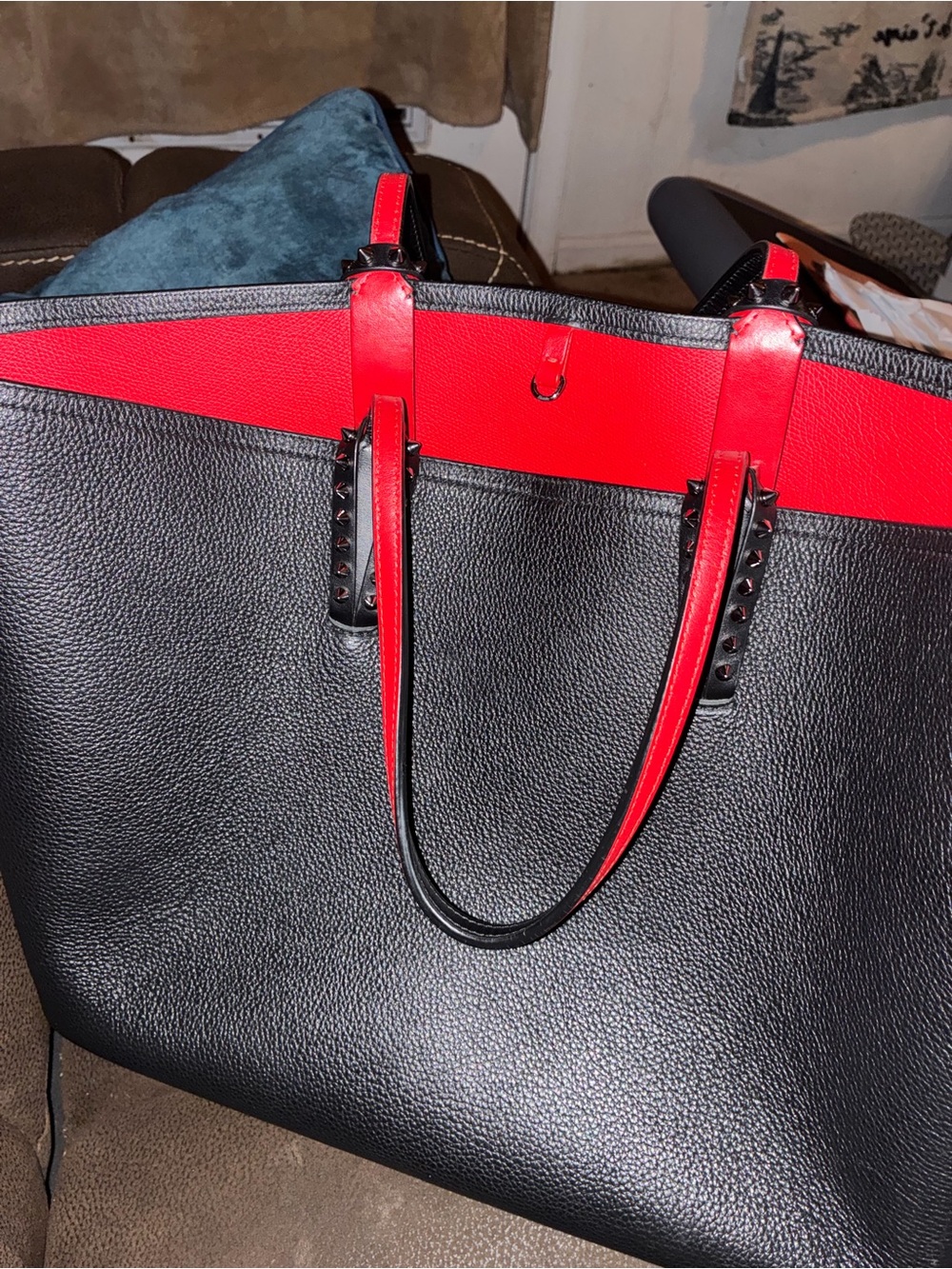 Christian Louboutin Black Tote with Red Trim and Studded Handles - Picture 3 of 9